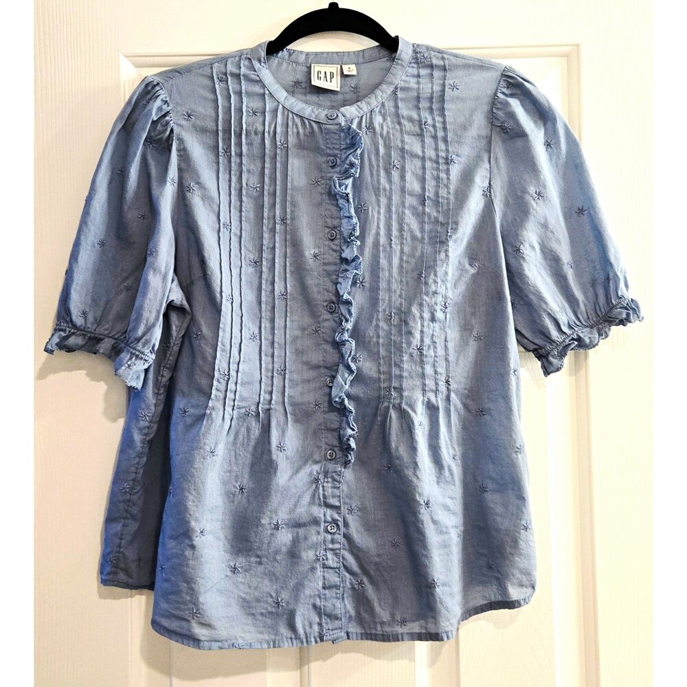 GAP Chambray Pintuck Blouse Blue Embroidered Floral Ruffle Puff Sleeve Top Small